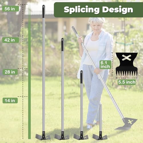 Large Weed Puller Tool with Long Handle, Garden Hoe & 10 Teeth Weed Rake - size: Large