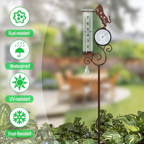 Cat Rain Gauge Outdoor,Large Number Scale Rain Gauge-Temperature&Hygrometer - color: Cat