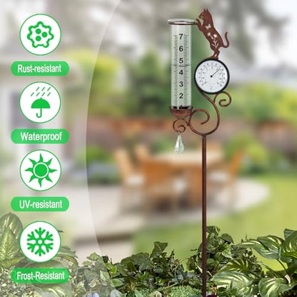 Cat Rain Gauge Outdoor,Large Number Scale Rain Gauge-Temperature&Hygrometer - color: Cat