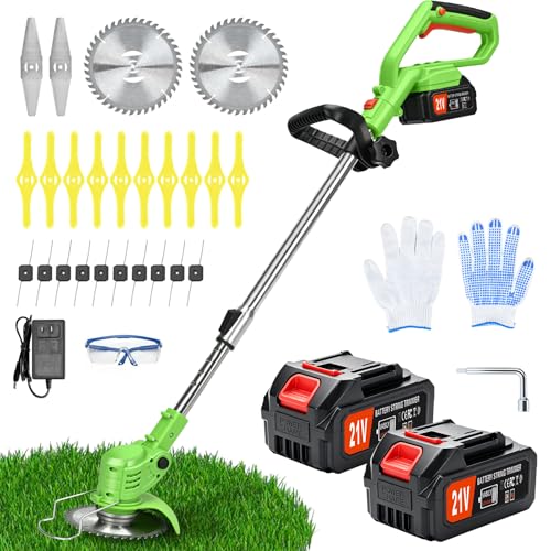 21V Cordless String Trimmer Weed Wacker with 2x4.0Ah Batteries and Charger, 4-in-1 Lawn Edger Adjustable Telescoping Pole Lightweight for Yard Garden