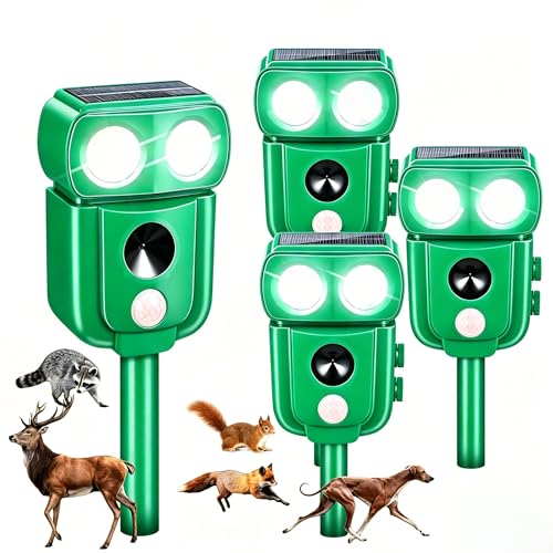 Solar Ultrasonic Animal Repeller 4Pack,Adjustable Ultrasonic Cat Deterrent and Deer Repellent Device, Motion Activated Squirrel & Rabbit Deterrent for Yard, Garden and Orchard Protection