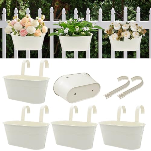 11 Inch Railing Planter Box, 5 Pack Metal Hanging Planters with Hooks - color: White