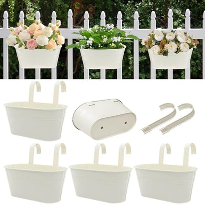 11 Inch Railing Planter Box, 5 Pack Metal Hanging Planters with Hooks - color: White