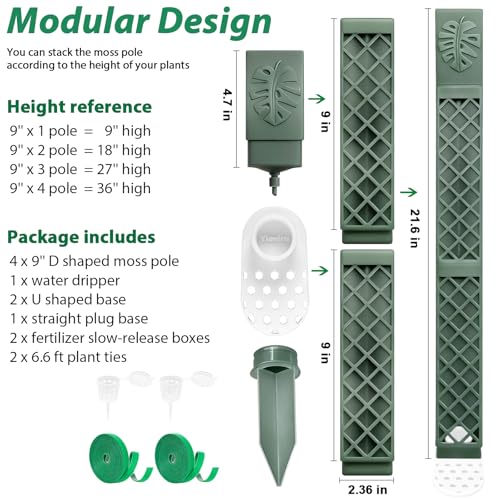 4 Pcs 9 Inch D Shaped Moss Pole with Watering Dripper, Plastic Moss Poles for Climbing Plants, Sturdy Monstera Plant Support, Self Watering Moss Pole Kit for Plants Indoor (1Pack 4Pcs-Green) - size: 1Pack 4Pcs-Green