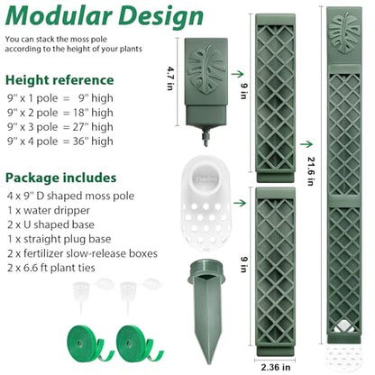 4 Pcs 9 Inch D Shaped Moss Pole with Watering Dripper, Plastic Moss Poles for Climbing Plants, Sturdy Monstera Plant Support, Self Watering Moss Pole Kit for Plants Indoor (1Pack 4Pcs-Green) - size: 1Pack 4Pcs-Green