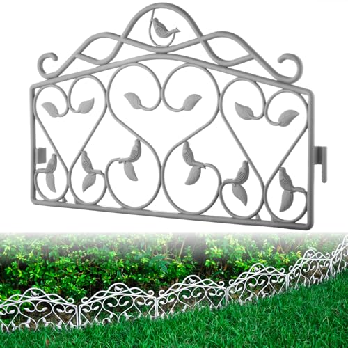 Evelyne Decorative Garden Border Plastic Edging – PP Plastic, Short Metal-Free Faux Wrought Iron Leaf & Bird Design, 16pcs Yard Landscaping Fence Liner Lawn Edge Barrier, 20ft Kit of Decorative Panels - color: Gray, size: 20 feet