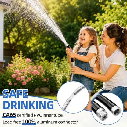 SPECILITE 25ft 304 Stainless Steel Metal Garden Hose with Blue Nozzle - color: Sliver, size: 25 ft