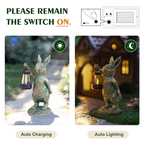 Rabbit Garden Statues with Solar Lantern Bunny Outdoor Figurine