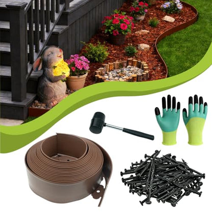 33 ft No Dig Landscape Edging Kit with 50 Spikes, Hammer & Gloves, 4in high - color: Brown, size: 4in x 33ft