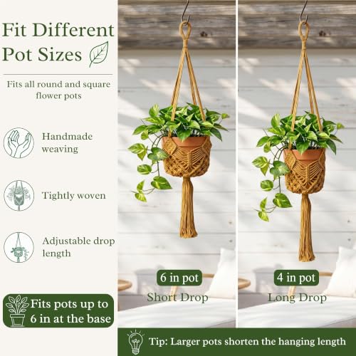 Boho Macrame Plant Hanger with Hooks, Rope Hanging Baskets for Plants - color: Brown 2pack Pots Not Included