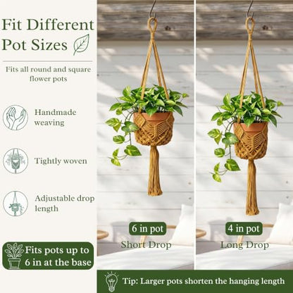 Boho Macrame Plant Hanger with Hooks, Rope Hanging Baskets for Plants - color: Brown 2pack Pots Not Included