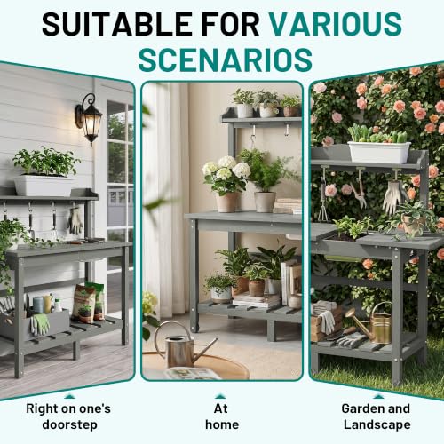 PLUUV Potting Bench with Removeable Sink, Garden Potting Table, Light Grey - color: Light Grey