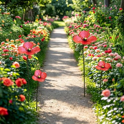 2 Pack Art Deco Metal Poppy Garden Stakes, Iron Flower Decorative Garden Stakes for Outdoor, Flower Theme for Patio, Pathway, Yard and Garden Decor (Red) - color: Red
