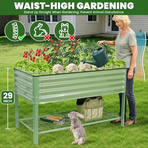 G GOOD GAIN Elevated Raised Garden Bed Kit with Leg, Rack, 2x4ft, Green - size: 2' x 4', style: Green with Legs & Storage Rack