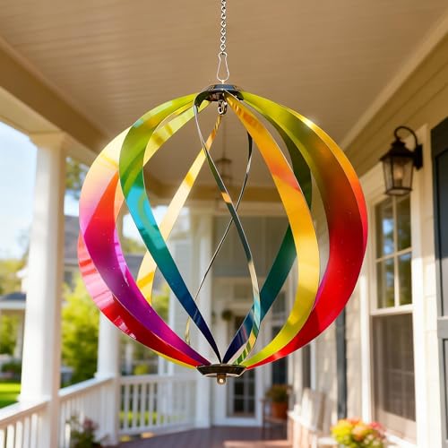 12" Hanging Wind Spinners Outdoor Assembly Required Rainbow 3D Metal Ball - size: 12 Inch
