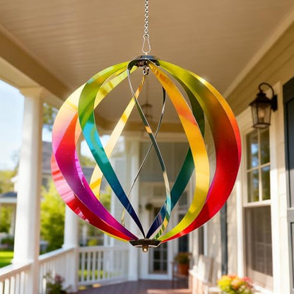 12" Hanging Wind Spinners Outdoor Assembly Required Rainbow 3D Metal Ball - size: 12 Inch