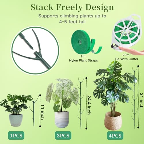 4 Pack Stackable Monstera Plant Support Stakes, 29inch Climbing Plant Sticks Structures with Garden Ties, Durable Alternative to Moss Pole for Indoor Outdoor Plants - size: 4 Pack
