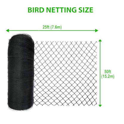 Bird Netting 25x50 Ft, 1" Mesh Heavy Duty HDPE Garden Net, Black - size: 25' x 50'