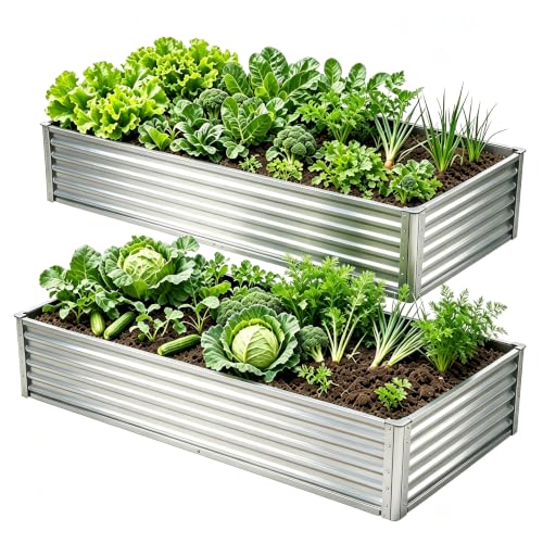 Silver Raised Garden Bed 2-Pack 6×3×1FT, Premium Galvanized Raised Garden Bed – Large Outdoor Planter for Deep-Rooted Vegetables, Flowers, Greens & Herbs - size: Sliver6ftx3ftx1ft
