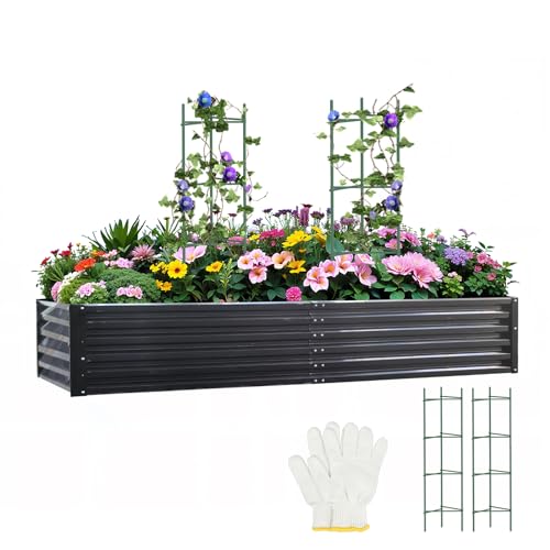 Metal Raised Garden Bed 8x4x1.5Ft Tall Outdoor Large Metal Galvanized Planter Boxes Kit for Vegetables, Flowers and Herbs,Garden Beds with 2Pcs Tomato Cage 1Pc Gloves,Black - size: 8x4x1.5 FT