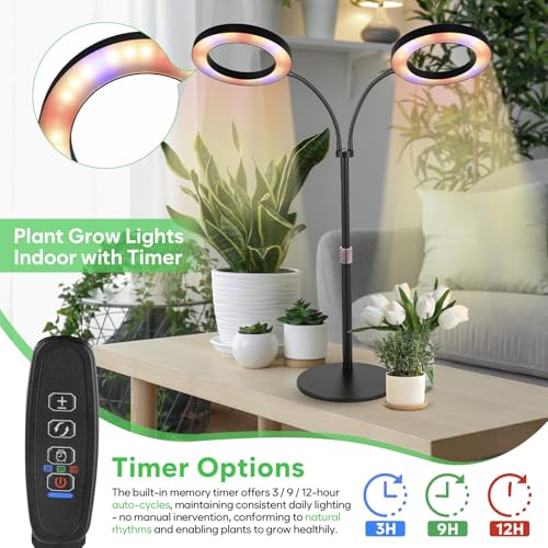Grow Lights for Indoor Plants, 2-Head Full Spectrum & 3/9/12H Timer, Black - size: Black-23inch