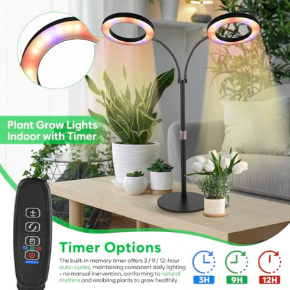 Grow Lights for Indoor Plants, 2-Head Full Spectrum & 3/9/12H Timer, Black - size: Black-23inch