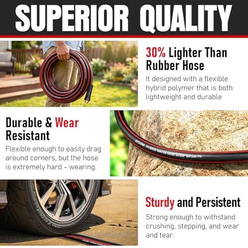 Heavy Duty Garden Hose 50ft, NON-EXPANDABLE Flexible Water Hose, Kink Resistant Lightweight Hybrid Hose, Leakproof Hose Male to Female Fittings - color: Black+Red, size: 50ft