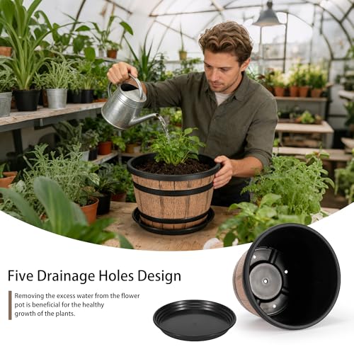 Whiskey Barrel Planters 12 Inch, 5 Pack Plastic Pots with Wood Design - size: 12inch