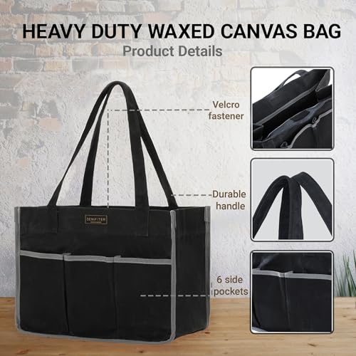 Durable 16OZ Waxed Canvas Tool Bag with Handle - A Large Main Pocket and 6 Exterior Pockets (12.5 x 6.5 x 9.5 Inches) Black - color: Black