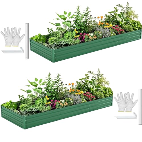 DWVO 2pcs 12 x 4 x 1 FT Raised Garden Bed Kit, Outdoor Galvanized Flower Bed with Safety Rubber and Gloves, Large Metal Planter Box for Vegetables, Flowers, Herbs, Fruits, Green - color: Green, size: 12x4x1ft 2pcs