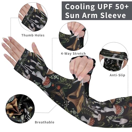 FISHEAL Sun Protection Gardening Sleeves - Women Men UV UPF 50+ Cooling Arm Sleeves with Thumbholes Farming Fishing Outdoors - color: Mushrooms, size: Large