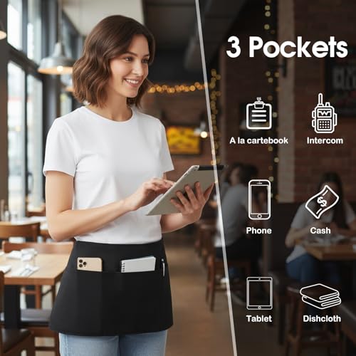 BOHARERS 3-Pocket Waist Apron With Red And White Plaid Shoulder Straps - Black Waitress Waiter Server Short Aprons - color: 1 Pack Red and White Plaid Straps