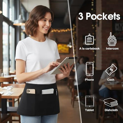 BOHARERS 3-Pocket Waist Apron With Red And White Plaid Shoulder Straps - Black Waitress Waiter Server Short Aprons - color: 1 Pack Red and White Plaid Straps