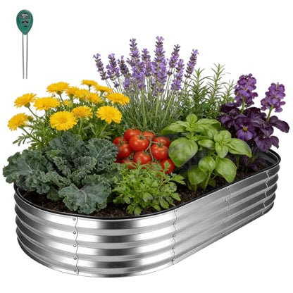 Galvanized Raised Garden Bed 6x3x1ft, Rust-Resistant Metal Oval Planter Box Outdoor, Easy Assembly Planting Bed Kit for Vegetables, Fruits, Herbs - Silver