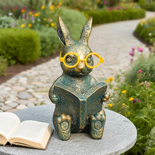 Reading Rabbit Garden Decor with Solar-Powered Glasses Light - size: Rabbit