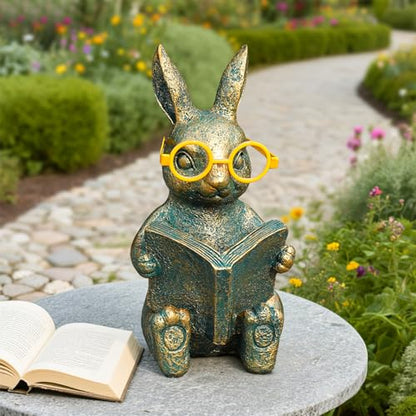 Reading Rabbit Garden Decor with Solar-Powered Glasses Light - size: Rabbit