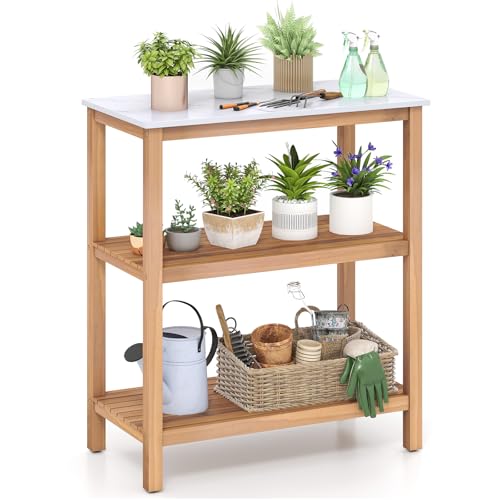 Giantex 3-Tier Outdoor Potting Bench, Acacia Wood Planting Workstation with Faux Marble Tabletop, Open Storage Shelves, 300LBS Capacity, Garden Potting Table for Horticulture