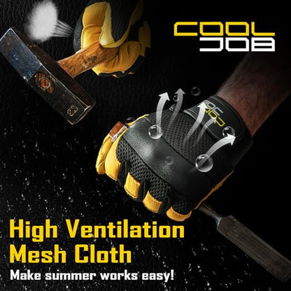 COOLJOB Breathable Mesh Cowhide Leather Work Gloves with Grip, Thorn Resistant Gloves for Gardening Pruning, 1 Pair, S-XL - size: Medium