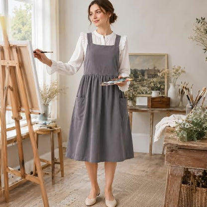 Cotton Linen Apron Cross Back Apron for Women with Pockets Pinafore Dress - color: Grey