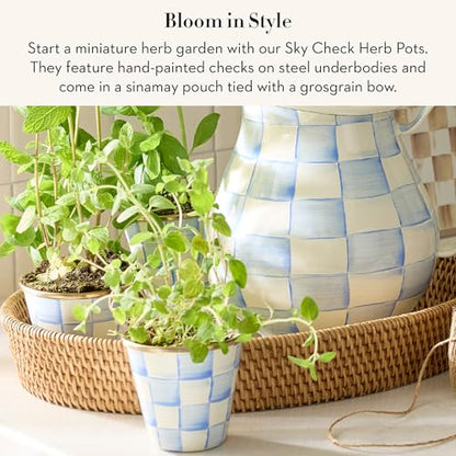 MACKENZIE-CHILDS Enamel Herb Pot Set, Small, Light-Blue-and-White Sky Check - color: Sky Check