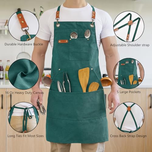 Aoomzoon Canvas Aprons for Men Women, Heavy Duty BBQ Apron with Pockets - color: Green