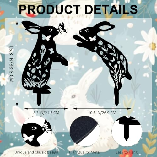 2 Pcs Metal Bunny Garden Stakes, Decorative Rabbit Silhouette Yard Art - color: Bunny
