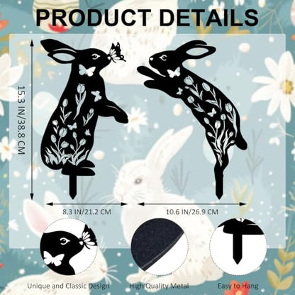 2 Pcs Metal Bunny Garden Stakes, Decorative Rabbit Silhouette Yard Art - color: Bunny