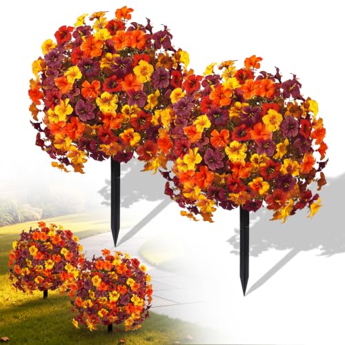 SHareconn 2Pcs Artificial Fall Flowers for Outdoors UV Resistant Decoration - color: Orange Yellow Brown Burgundy