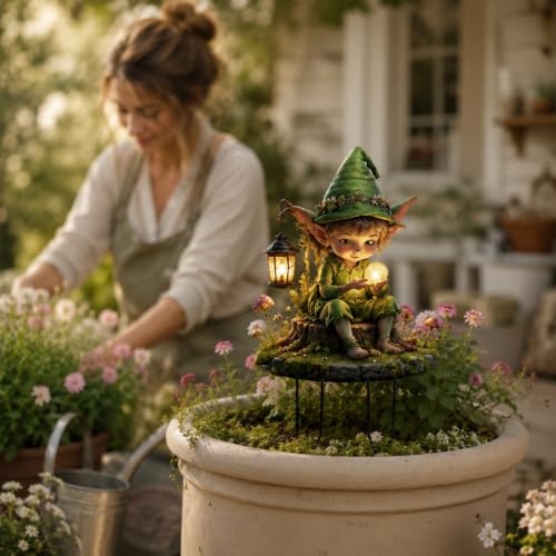 Garden Stakes, 2D Acrylic Green Elf Gnome Decorative Stake, Lantern Mushroom Tree Stump Outdoor Ornament for Patio Planters Flower Beds Yard Decor - color: Spirit