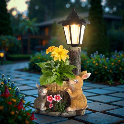 Solar Bunny Statue Outdoor, Rabbits Figurine with Flowerpot & Lantern - color: Bunny