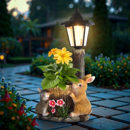 Solar Bunny Statue Outdoor, Rabbits Figurine with Flowerpot & Lantern - color: Bunny