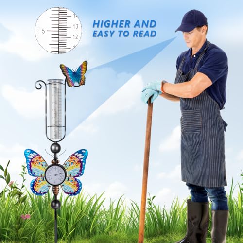 Rain Gauge Outdoor with 7 Inch Plastic Tube - color: Blue-Butterfly