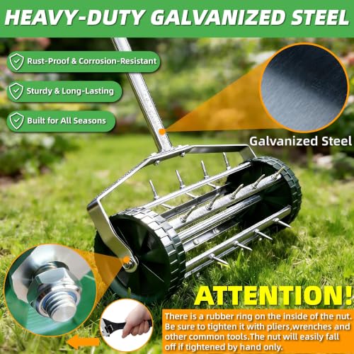 Rolling Lawn Aerator Tool, 57 Inch Back-Saving Handle, Heavy Duty Galvanized Steel Spike Aerator for Grass Roots, 1.4" D Manual Push Loosener
