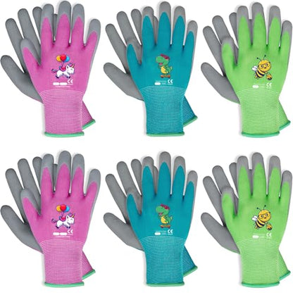 Kids Gardening Gloves, Latex Coated Toddler Yard Gloves, 6 Pairs (3-5 YRS) - color: Green & Blue & Pink (Pack of 6), size: 3X-Small